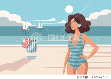 Seascape. Vacation time. Woman on the beach in a swimsuit sunbathing on the background of the see shore. Illustration. Vector 112467498