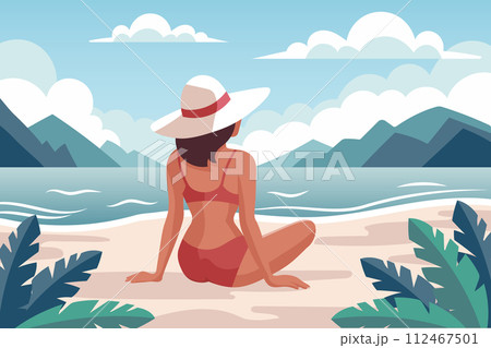 Seascape. Vacation time. Woman on the beach in a swimsuit sunbathing on the background of the see shore. Illustration. Vector Seascape. Vacation time. Woman on the beach in a swimsuit sunbathing on the background of the see shore. Illustration. Vector 112467501