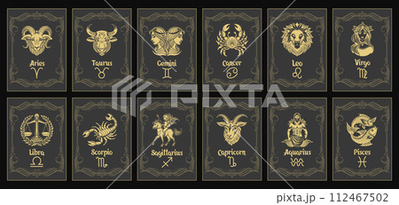 Set of astrology zodiac signs, mystical icons in vintage frames. Gold design. Esoteric symbols for logo or icons. Vector 112467502