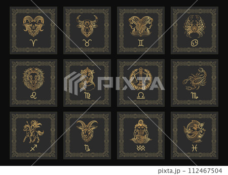 Set of astrology zodiac signs, mystical icons in vintage frames. Gold design. Esoteric symbols for logo or icons. Vector 112467504