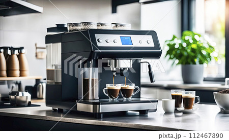 Modern coffee machine with cups on table in kitchen. Modern coffee machine in the process of producing aromatic coffee 112467890