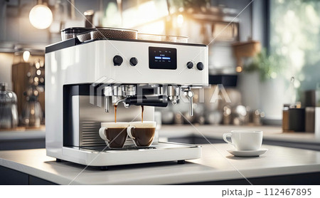 Modern coffee machine with cups on table in kitchen. Modern coffee machine in the process of producing aromatic coffee 112467895