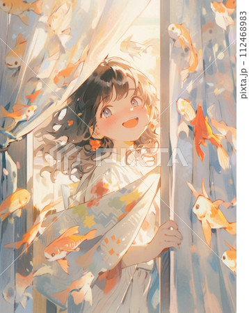 窓辺の可愛い女の子とお魚さん 112468983