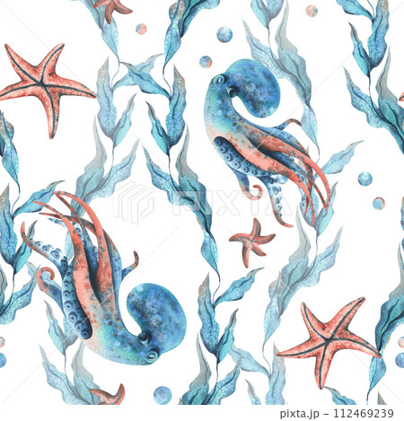 Underwater world clipart with sea animals octopus, starfish, bubbles and algae. Hand drawn watercolor illustration. Seamless pattern on a white background. 112469239