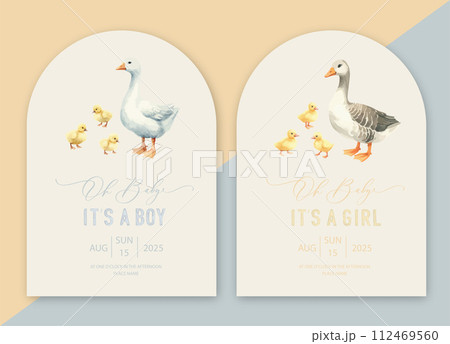 Cute baby shower watercolor arch invitation card with mother goose and little goslings. Oh baby calligraphy, 112469560