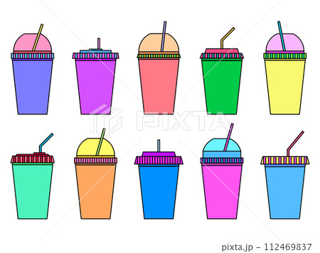 Plastic or paper cups with a straw set of icons isolated on a white background. Plastic cups for carbonated drinks. Plastic smoothie glass with straw. Carbonated soft drinks. Vector illustration Plastic or paper cups with a straw set of icons isolated on a white background. Plastic cups for carbonated drinks. Plastic smoothie glass with straw. Carbonated soft drinks. Vector illustration 112469837