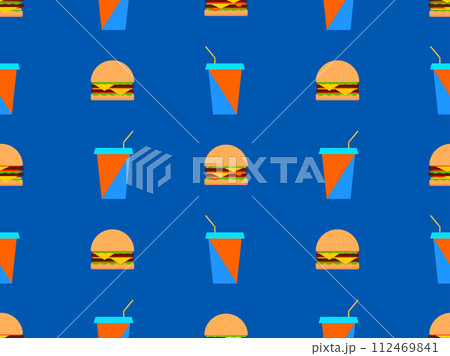 Seamless pattern with burgers and paper cups with soda drinks. Cheeseburgers and hamburgers and fizzy soft drinks. Plastic and paper cups for carbonated drinks. Vector illustration 112469841