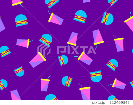 Seamless pattern with burgers and paper cups with soda drinks. Cheeseburgers and hamburgers and fizzy soft drinks. Plastic and paper cups for carbonated drinks. Vector illustration 112469842