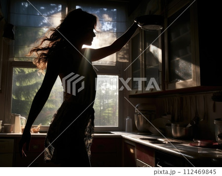 AI-generated content. A housewife stands in the kitchen next to a window, with a cat nearby. 112469845