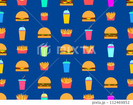 Fast food seamless pattern with hamburgers, drinks and fries. Cheeseburgers and hamburgers and fizzy soft drinks. Plastic and paper cups for carbonated drinks. Design for banners and wrapping paper. 112469852