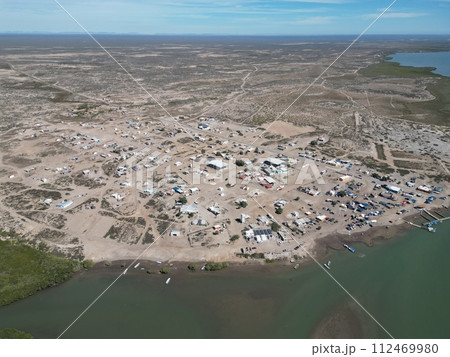 Puerto chale fishermen village baja california sur magdalena bay aerial view panorama 112469980