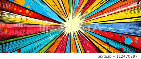 AI-generated content. Pop art style starburst with a blue and yellow star, background and texture 112470297