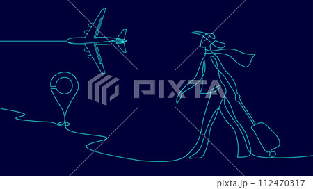 Continuous one single line art travel girl concept. Beautiful woman fashion tourist hand drawn sketch. Summer voyage agency white monochrome vector illustration 112470317