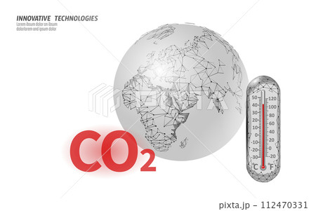 Carbon dioxide CO2 ecology problem eco concept. Renewable organic gas 3D render. Science biofuel chemistry biotechnology polygonal climatic greenhouse effect technology vector illustration Carbon dioxide CO2 ecology problem eco concept. Renewable organic gas 3D render. Science biofuel chemistry biotechnology polygonal climatic greenhouse effect technology vector illustration 112470331