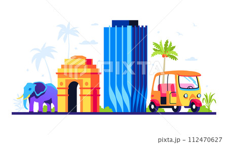 Old and new architecture of India - colored vector illustration 112470627