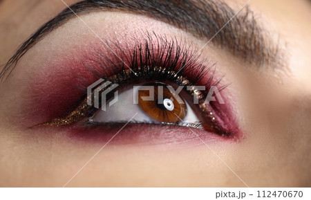 Closeup of beautiful female eye with bright professional makeup Closeup of beautiful female eye with bright professional makeup 112470670