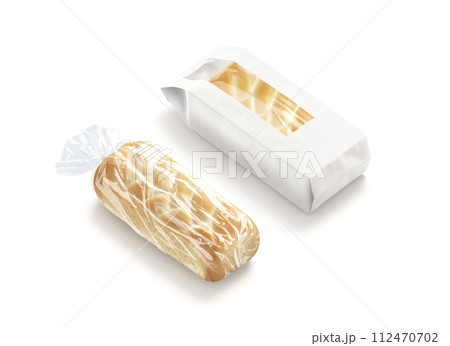 Blank transparent cellophane and white paper bread pack mockup, isolated Blank transparent cellophane and white paper bread pack mockup, isolated 112470702