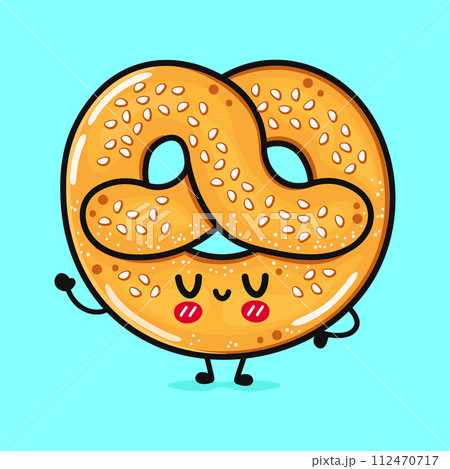 Cute funny French pretzel waving hand. Vector hand drawn cartoon kawaii character illustration icon. Isolated on blue background. French pretzel character concept Cute funny French pretzel waving hand. Vector hand drawn cartoon kawaii character illustration icon. Isolated on blue background. French pretzel character concept 112470717