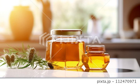 Small and large jars of amber honey with a sprig of lavender on a white table near a window. Small and large jars of amber honey with a sprig of lavender on a white table near a window. 112470971