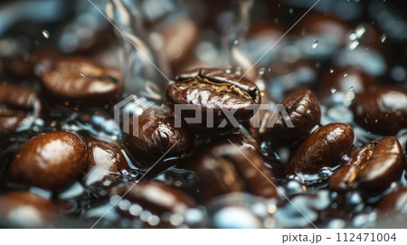 Coffee Beans In Water Splashing In Front Of Black Background In Slow Motion 112471004