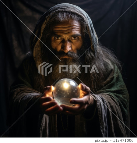 Bearded wizard in green robe holding glowing crystal ball, looking serious in dark background. 112471006
