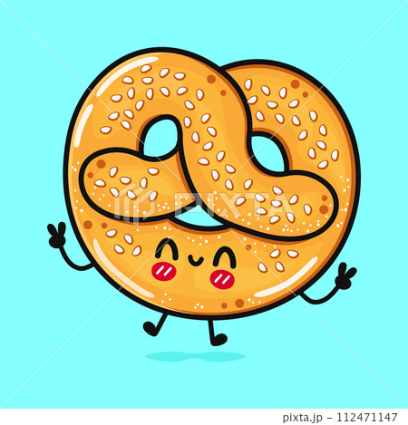 Jumping French pretzel. Vector hand drawn cartoon kawaii character illustration icon. Isolated on blue background. French pretzel character concept Jumping French pretzel. Vector hand drawn cartoon kawaii character illustration icon. Isolated on blue background. French pretzel character concept 112471147