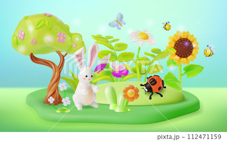 3d Spring Sale Concept Background Cartoon Style Landscape with Blooming Tree with Flying Butterfly, Bees and White Bunny Sitting Under . Vector illustration 3d Spring Sale Concept Background Cartoon Style Landscape with Blooming Tree with Flying Butterfly, Bees and White Bunny Sitting Under . Vector illustration 112471159