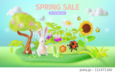 3d Spring Sale Concept Banner Poster Card Cartoon Style. Vector illustration 112471160