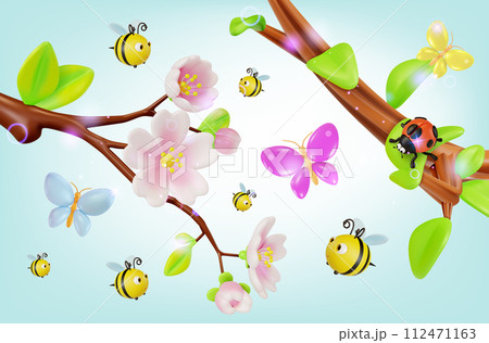 3d Blooming Sakura Branch with Flying around Bees, Butterfly and Ladybug Insect Cartoon Style. Vector illustration 112471163