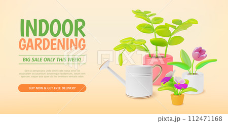 3d Indoor Gardening Big Sale Concept Banner Poster Card Cartoon Style. Vector illustration of Watering Can and Home Plants 3d Indoor Gardening Big Sale Concept Banner Poster Card Cartoon Style. Vector illustration of Watering Can and Home Plants 112471168