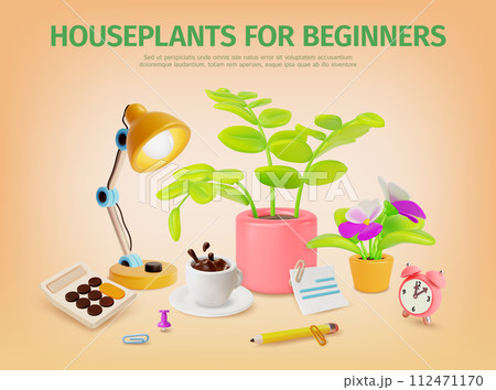 3d Houseplant for Beginners Concept Banner Poster Card Cartoon Style. Vector illustration of Education Training or Study Course 112471170