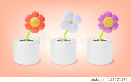 3d Different Types Cute Houseplants Flowers in Cachepots Set Cartoon Style. Vector illustration of Indoor Gardening Concept 112471173