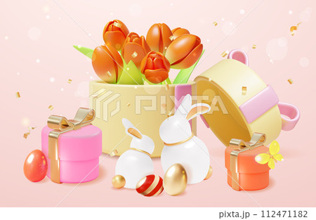 3d Happy Easter Concept Background Cartoon Style Spring Holiday. Vector illustration of Tulips in Gift Box and Rabbit Figurine 112471182