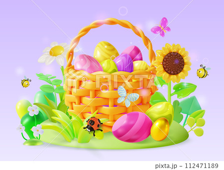 3d Happy Easter Big Sale Concept Background Cartoon Style Eggs Basket with Flying around Bees, Ladybug Insect and Butterfly. Vector illustration 112471189