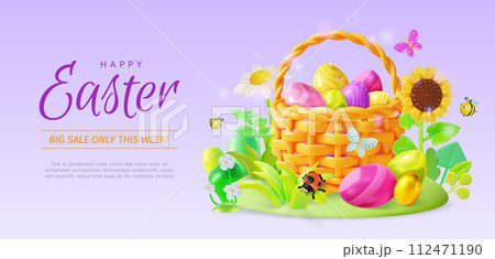 3d Happy Easter Big Sale Ads Banner Concept Poster Card. Vector illustration of Eggs Basket with Flying around Bees, Ladybug Insect and Butterfly 3d Happy Easter Big Sale Ads Banner Concept Poster Card. Vector illustration of Eggs Basket with Flying around Bees, Ladybug Insect and Butterfly 112471190