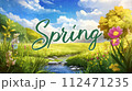 Concept for spring. Beautiful nature with flower and landscape. Background with blue sky and sun. 112471235