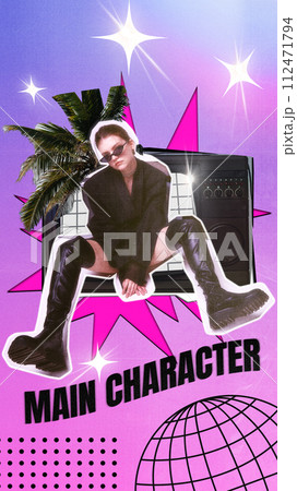 Stylish young girl in leather jacket, boots and sunglasses sitting beat retro tv on abstract gradient background. Contemporary art collage. 112471794