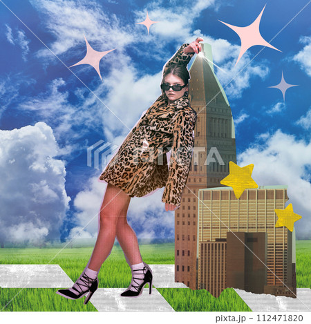 Young girl in leopard print coat and high heels posing with abstract urban building over blue sky background and sparkles. Contemporary art collage. Young girl in leopard print coat and high heels posing with abstract urban building over blue sky background and sparkles. Contemporary art collage. 112471820