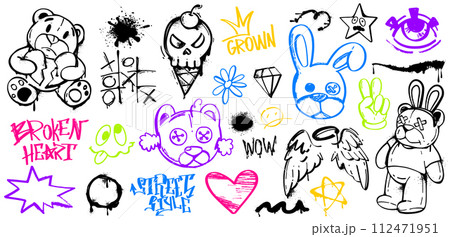 Spray paint graffiti color bear, rabbit, heart, skull, wings and street tags Spray paint graffiti color bear, rabbit, heart, skull, wings and street tags 112471951