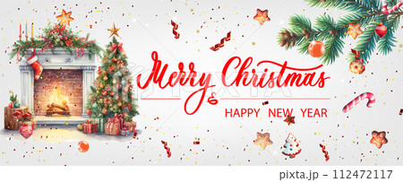 Christmas banner. Xmas background objects viewed from above. Calligraphy text Merry Christmas and Happy New Year. 112472117