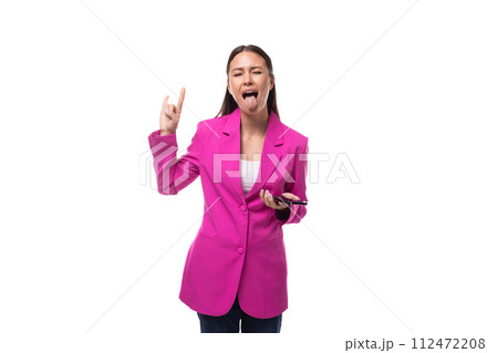 young slender office worker woman with black hair dressed in a lilac jacket communicates using a young slender office worker woman with black hair dressed in a lilac jacket communicates using a 112472208