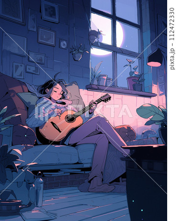 LoFi深夜にくつろいでいる女の子 112472330