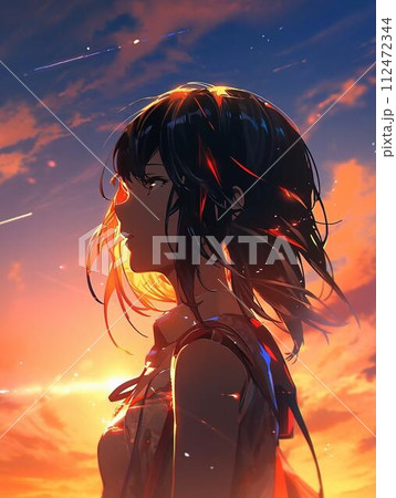 夕焼けに染まる空を見上げる女性のイラスト素材 [112472344] - PIXTA