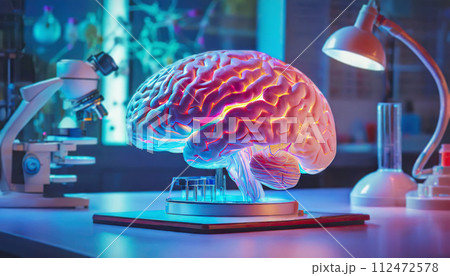 Artificial human brain as a scientific experiment on a laboratory table. AI concept in medicine and science 112472578