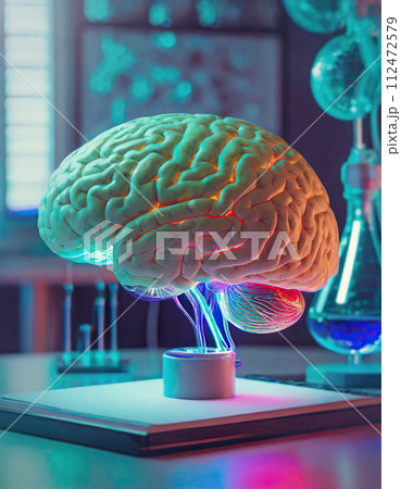 Artificial human brain as a scientific experiment on a laboratory table. AI concept in medicine and science 112472579