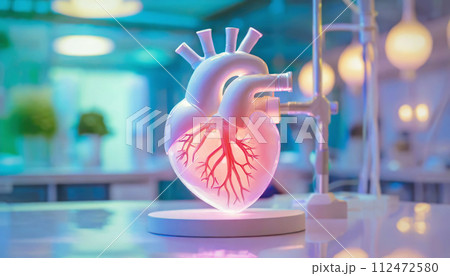 Artificial human heart as a scientific experiment on a laboratory table. Medicine and science concept 112472580