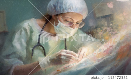 Woman surgeon working with patient in surgical operating room. Ai generated painting 112472581