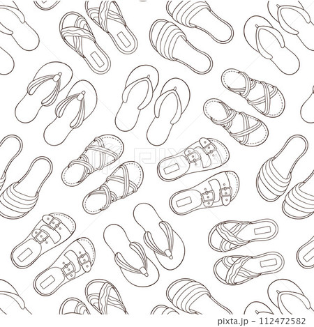 Seamless pattern with casual footwear in line art style. Flip-flops, sandals, slippers design for wallpaper, textile. Vector illustration on a white background. 112472582