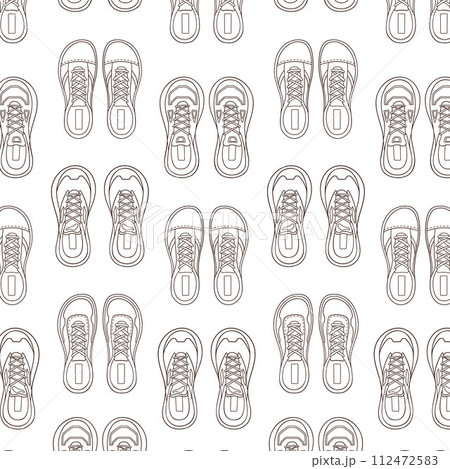 Line art footwear sneakers seamless pattern. Casual sportswear, trendy fitness training shoes. Vector illustration on a white background. 112472583