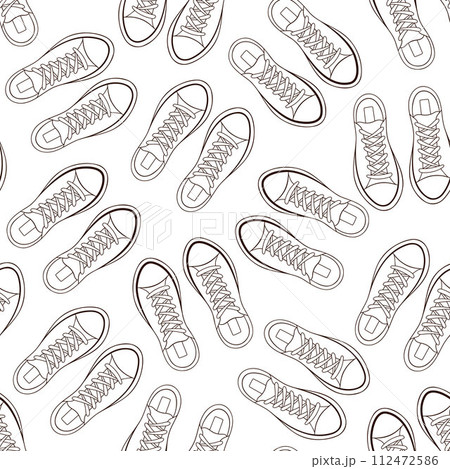 Line art shoes sneakers seamless pattern. Print with male and female footwear. Vector illustration on a white background. Line art shoes sneakers seamless pattern. Print with male and female footwear. Vector illustration on a white background. 112472586